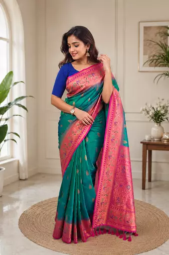 green color zari weaves and meenakari work in border having contrast pallu silk blend saree