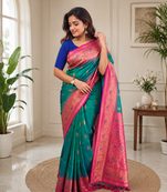 green color zari weaves and meenakari work in border having contrast pallu silk blend saree