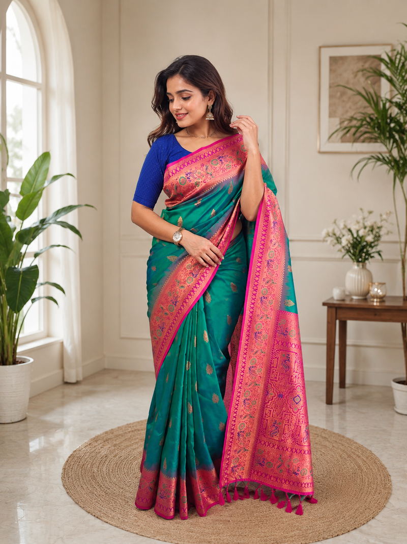 green color zari weaves and meenakari work in border having contrast pallu silk blend saree