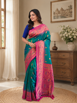 green color zari weaves and meenakari work in border having contrast pallu silk blend saree 2