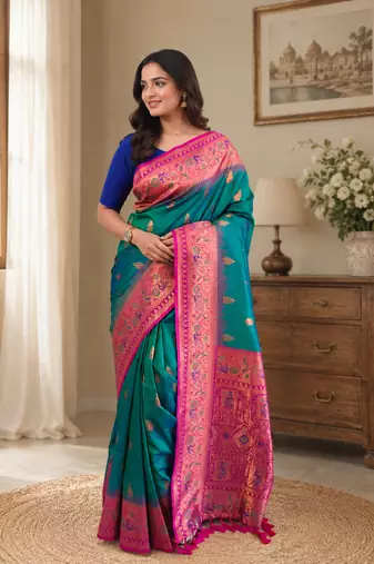 green color zari weaves and meenakari work in border having contrast pallu silk blend saree