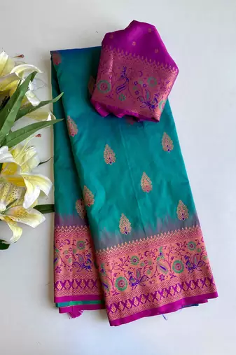 green color zari weaves and meenakari work in border having contrast pallu silk blend saree