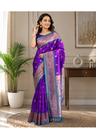 violet color zari weaves and meenakari work in border having contrast pallu silk blend saree 1
