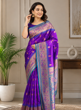 violet color zari weaves and meenakari work in border having contrast pallu silk blend saree