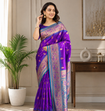 violet color zari weaves and meenakari work in border having contrast pallu silk blend saree