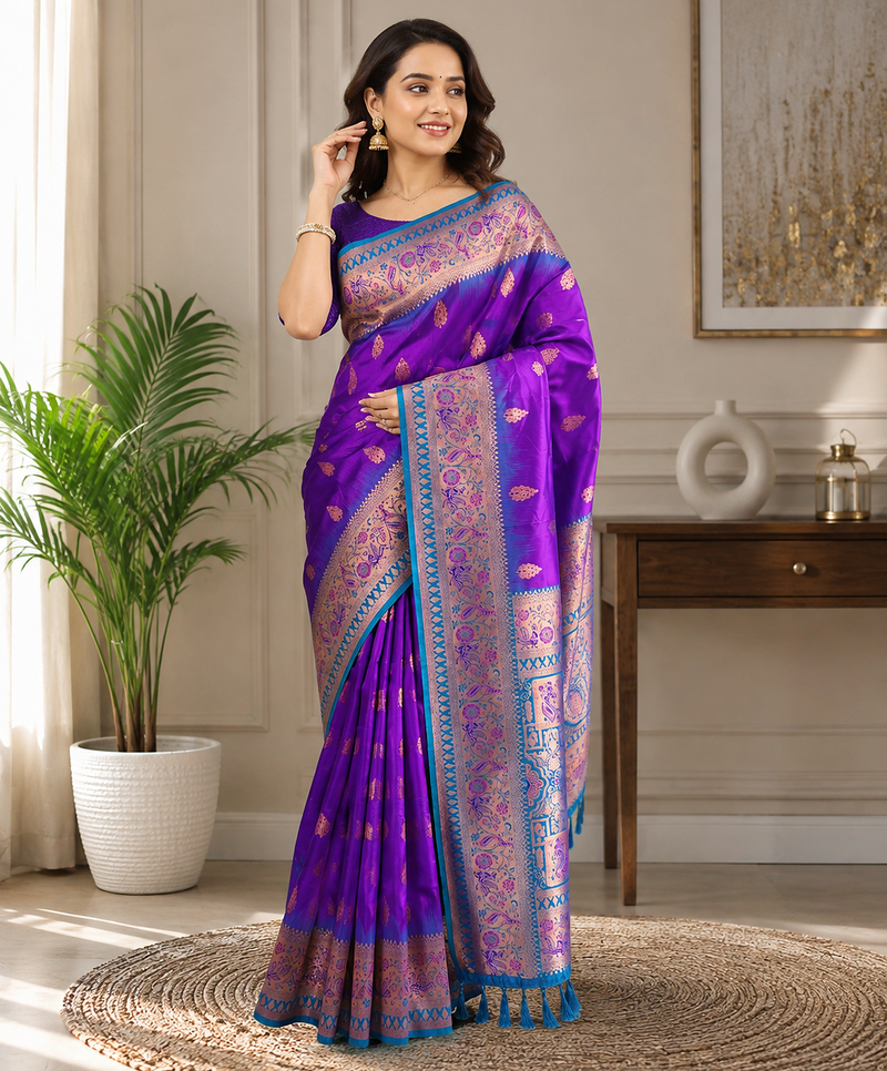 violet color zari weaves and meenakari work in border having contrast pallu silk blend saree