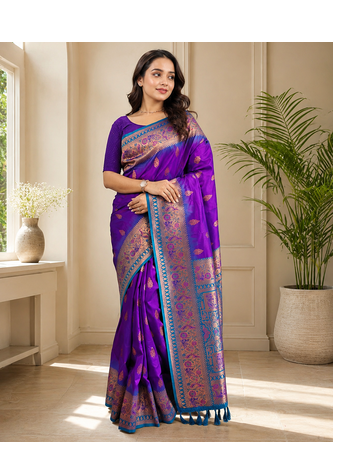 violet color zari weaves and meenakari work in border having contrast pallu silk blend saree 2