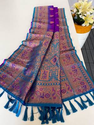 violet color zari weaves and meenakari work in border having contrast pallu silk blend saree 3