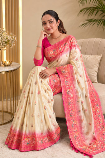 white color zari weaves and meenakari work in border having contrast pallu silk blend saree