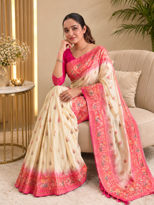 white color zari weaves and meenakari work in border having contrast pallu silk blend saree 1
