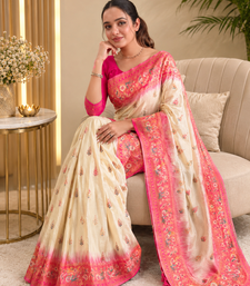 white color zari weaves and meenakari work in border having contrast pallu silk blend saree
