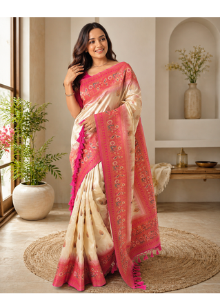 white color zari weaves and meenakari work in border having contrast pallu silk blend saree 2