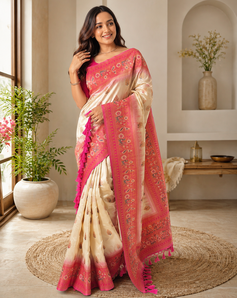 white color zari weaves and meenakari work in border having contrast pallu silk blend saree