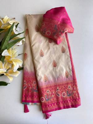 white color zari weaves and meenakari work in border having contrast pallu silk blend saree 4