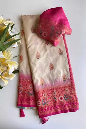 white color zari weaves and meenakari work in border having contrast pallu silk blend saree