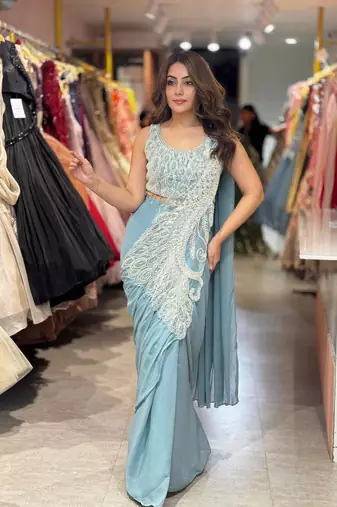 Women   s pastel sky blue designer saree with embroidered blouse