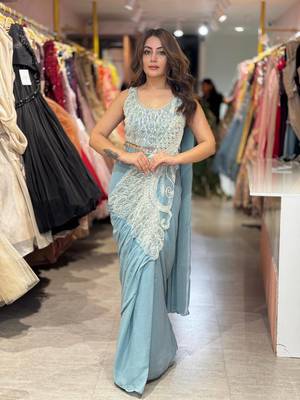 Women   s pastel sky blue designer saree with embroidered blouse 2