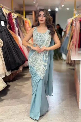 Women   s pastel sky blue designer saree with embroidered blouse