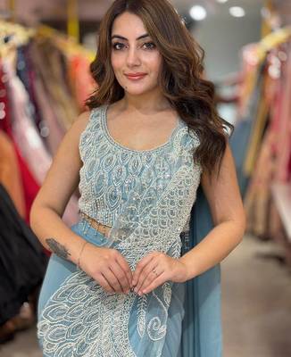 Women   s pastel sky blue designer saree with embroidered blouse 3