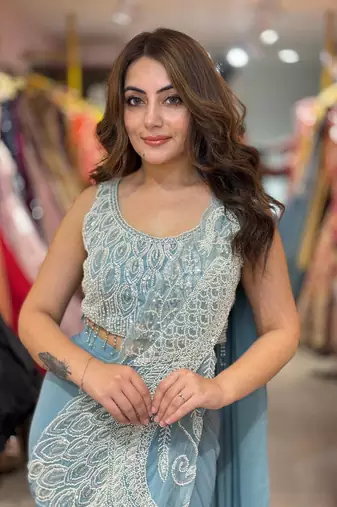 Women   s pastel sky blue designer saree with embroidered blouse