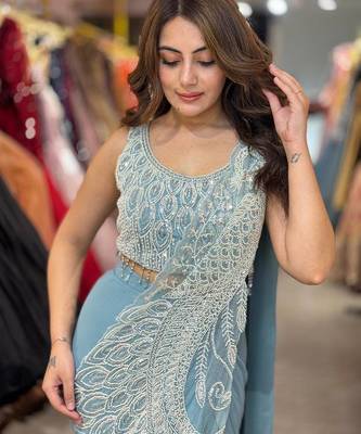 Women   s pastel sky blue designer saree with embroidered blouse 5