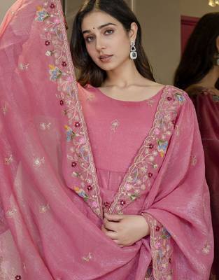 Pink multi sequins thread work crunchy silk gown pant dupatta set 3