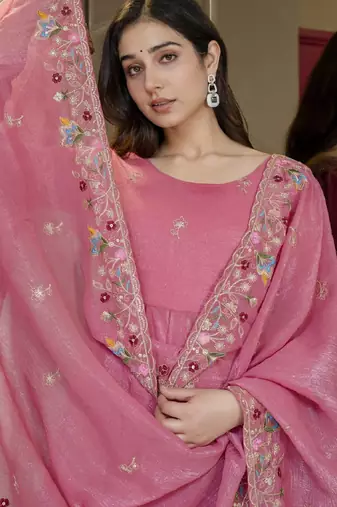 Pink multi sequins thread work crunchy silk gown pant dupatta set