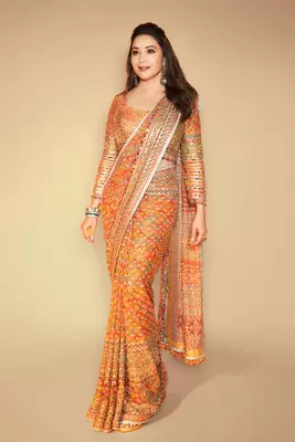 Premium Orange Silk Blend Saree With Real Mirror Work & Print 1