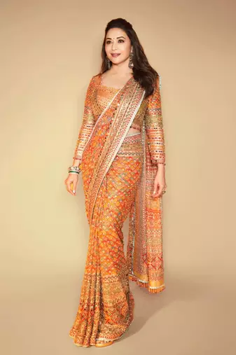 Premium Orange Silk Blend Saree With Real Mirror Work & Print