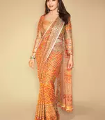 Premium Orange Silk Blend Saree With Real Mirror Work & Print