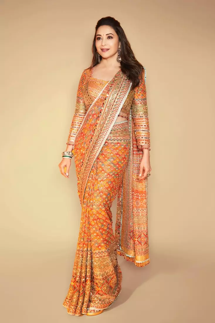 Premium Orange Silk Blend Saree With Real Mirror Work & Print