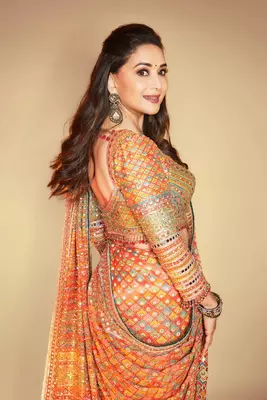 Premium Orange Silk Blend Saree With Real Mirror Work & Print 3