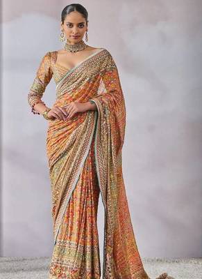 Premium Orange Silk Blend Saree With Real Mirror Work & Print 4