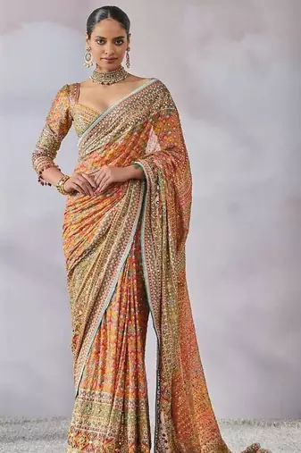 Premium Orange Silk Blend Saree With Real Mirror Work & Print