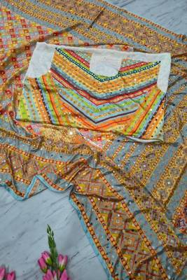 Premium Orange Silk Blend Saree With Real Mirror Work & Print 5
