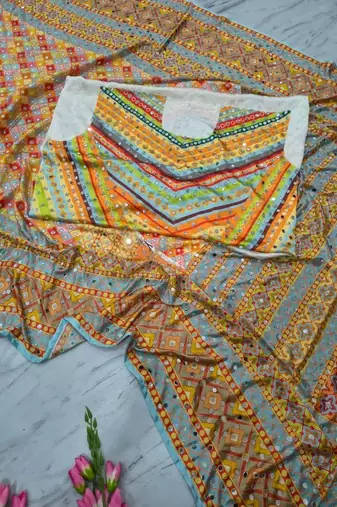 Premium Orange Silk Blend Saree With Real Mirror Work & Print
