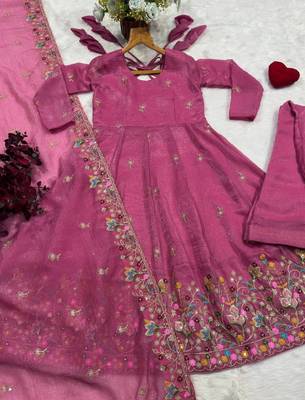 Pink multi sequins thread work crunchy silk gown pant dupatta set 5
