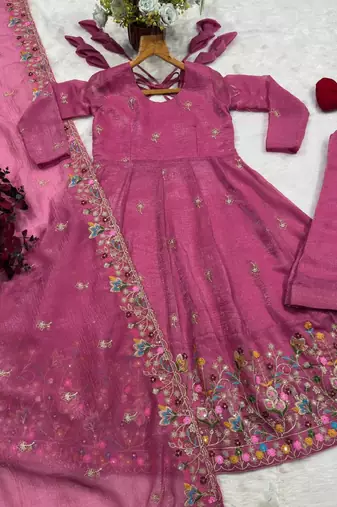 Pink multi sequins thread work crunchy silk gown pant dupatta set