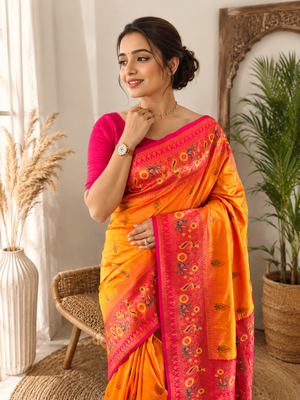 orange color zari weaves and meenakari work in border having contrast pallu silk blend saree 1