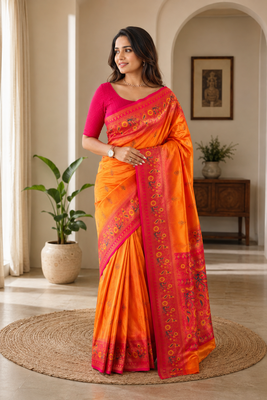 orange color zari weaves and meenakari work in border having contrast pallu silk blend saree 2