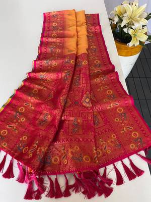 orange color zari weaves and meenakari work in border having contrast pallu silk blend saree 3
