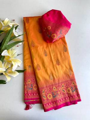orange color zari weaves and meenakari work in border having contrast pallu silk blend saree 4
