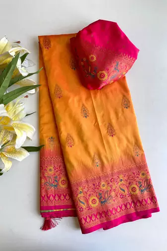 orange color zari weaves and meenakari work in border having contrast pallu silk blend saree