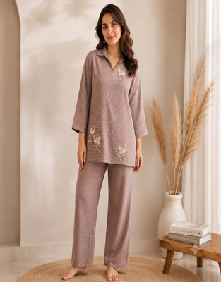 Brown co-ord set for women with handwork floral motifs 1
