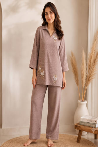 Brown co-ord set for women with handwork floral motifs