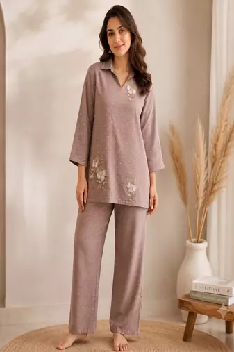 Brown co-ord set for women with handwork floral motifs