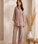 Brown co-ord set for women with handwork floral motifs