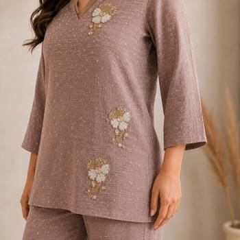 Brown co-ord set for women with handwork floral motifs 2