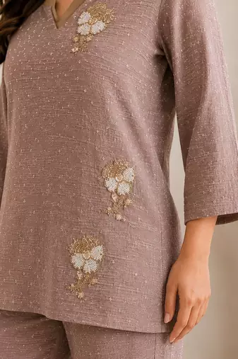 Brown co-ord set for women with handwork floral motifs