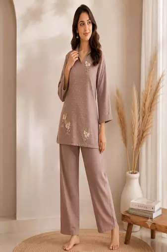 Brown co-ord set for women with handwork floral motifs